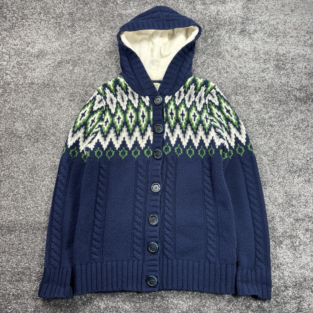 L.L.Bean‎ Cardigan Sweater Women's Medium Lambswool Fair Isle Knit Hooded